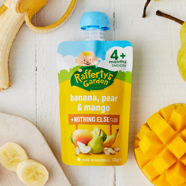 Banana, Pear & Mango Baby Puree Pouch | Rafferty's Garden